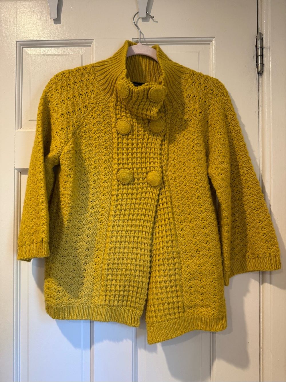 NWOT BCBGMaxAzria Mustard Yellow Textured Knit Button-Front Coatigan